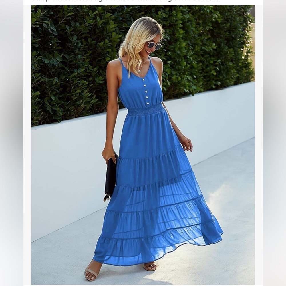 NWT’S PRETTYGARDEN Sundress Spaghetti Strap High Waist Beach Blue Maxi Dress S